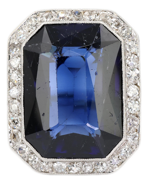 Vintage 18k White Gold Synthetic Sapphire and Natural Diamond Milgrain Ring, Size 8