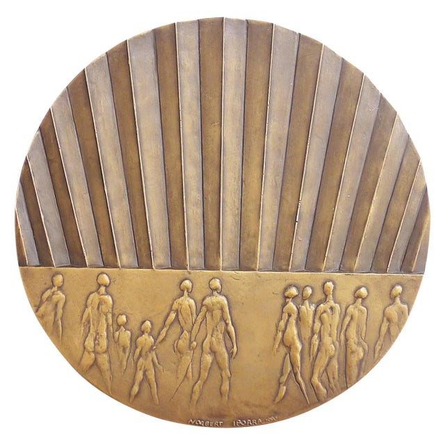 By Les Ateliers du Prisme 1990 France Bronze plaque designed By Norbert Iborra. Bas relief Modernist design of human...