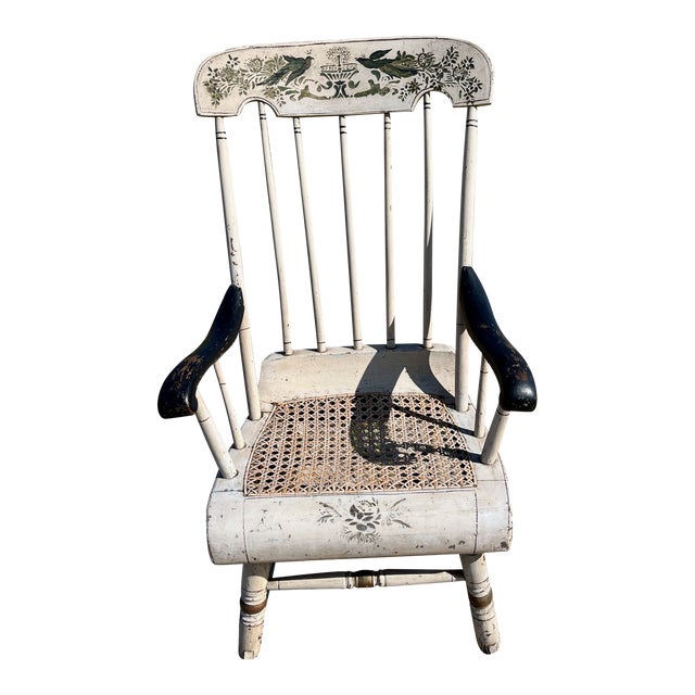 Antique Stenciled Boston Rocker With Caned Seat Birds & Fountain ...