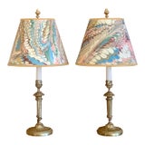 Pair of Louis XVI Period Candlestick Lamps With Marbleized Shades For Sale
