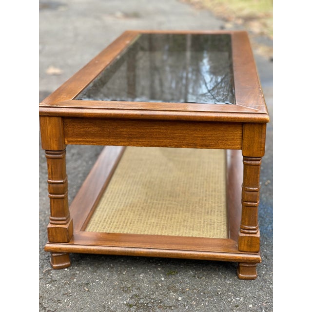 1950s Vintage Wood Two Tier Glass Top Coffee Table with Woven Jute