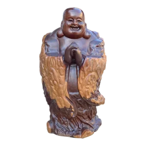 Chinese Carved Natural Jojoba Stem Brown Wood Happy Buddha Statue