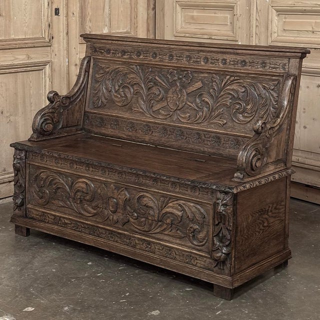Renaissance 19th Century French Renaissance Revival Oak Trunk ~ Hall Bench For Sale - Image 3 of 18