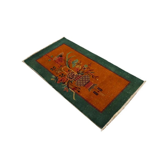 Vintage Chinese Art Deco Rug | Gold & Green Colors | Small Floral Rugs For Sale In Los Angeles - Image 6 of 8