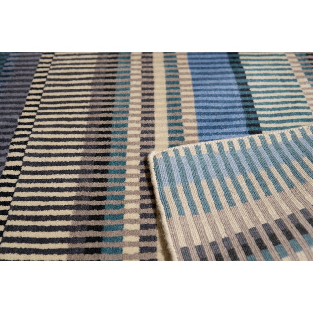 2020s 9x12 Ophelia Ocean Blue Classic Stripe Handmade Wool Carpet Rug For Sale - Image 5 of 9