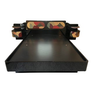 Postmodern Memphis Style Platform Queen Bed With Integrated Nightstands Geometric Inlay Italian Pietro Costantini Style For Sale