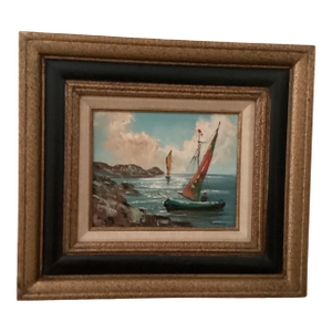 Vintage Seascape Painting on Canvas Sailboats on the Water Near Rocky Coast Signed