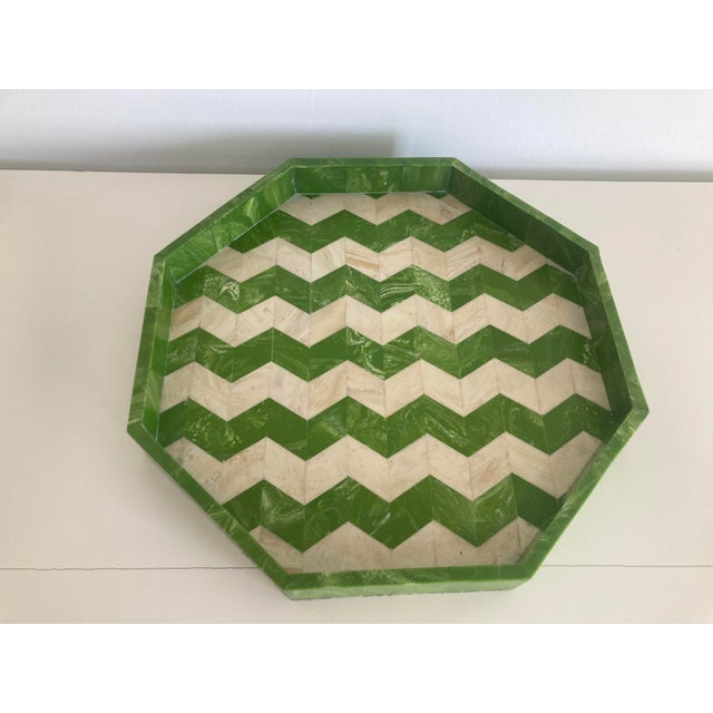 Modern Hollywood Regency Geometric Green and Beige Tray For Sale - Image 3 of 10