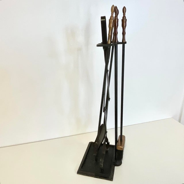 1970s Mid-Century Wrought Iron With Bronze Handle Fireplace Tools & Rack - 5 PCS Set For Sale - Image 9 of 14