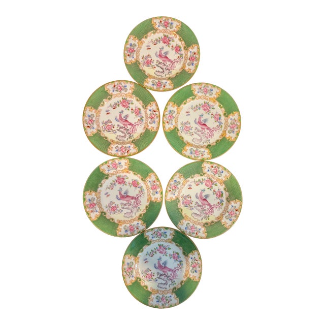 Early 20th Century Minton Green Cockatrice Bread & Butter – Bone China - Set of 6 For Sale