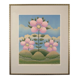 Pink Flowers - Limited Edition Naive Serigraph by Ivan Rabuzin For Sale