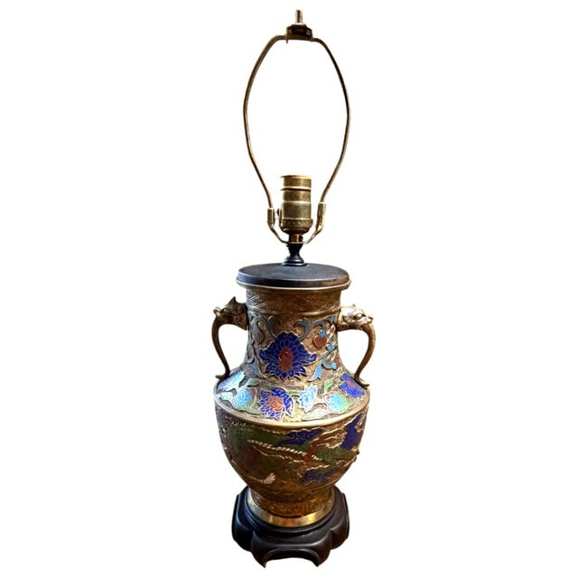 Vintage Chinese Champleve Brass Dragon Phoenix Elephant Handle Table Lamp For Sale In Dallas - Image 6 of 10