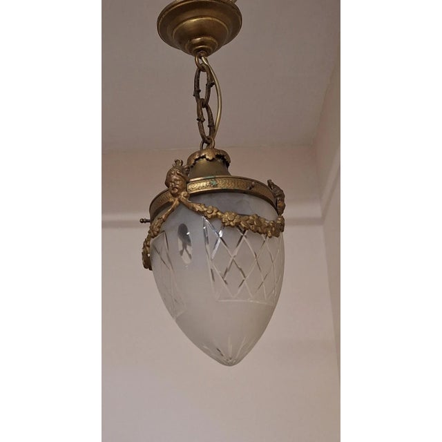 Antique French Brass Ceiling Lamp with Drop-Shaped Cut Glass Shade, 1900s For Sale - Image 6 of 7