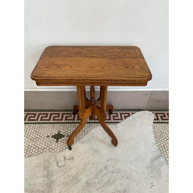Antique Victorian Carved Quarter Sawn Oak Parlor Table on Casters, Eastlake Style For Sale - Image 9 of 18