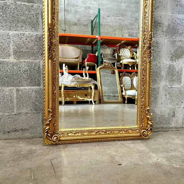 Glass Ornate French Baroque Floor Mirror With Hand-Gilded Gold Leaf Frame & Cherub Details For Sale - Image 7 of 9
