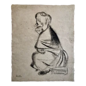 Vintage William Gropper WPA Era Charcoal Drawing of a Pensive Woman "Waiting"