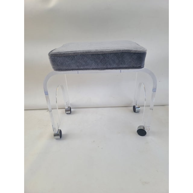 1970s Lucite Waterfall Vanity Stool upholstered in luxurious Steel Blue Mohair! Unmarked but in the style of Charles...