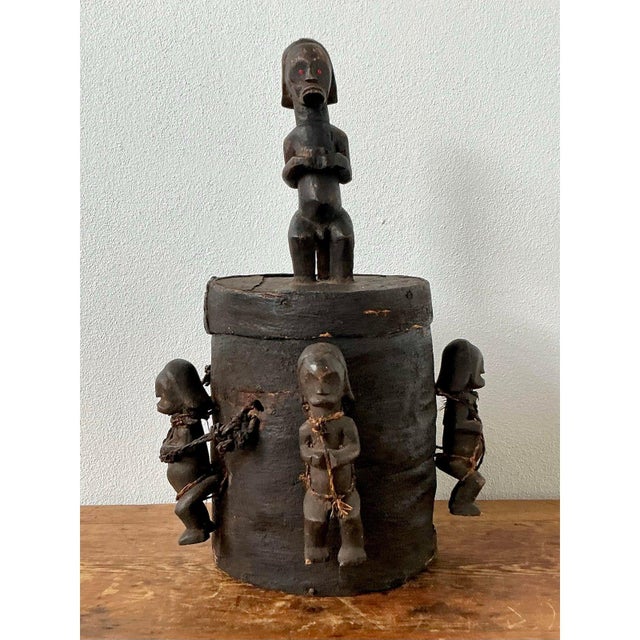 Vintage Boho Carved Figure Tribal Lidded Pot For Sale - Image 4 of 10