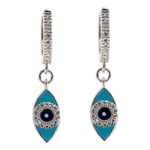 Turquoise Sparkly Evil Eye Sterling Silver Earrings, A Pair For Sale