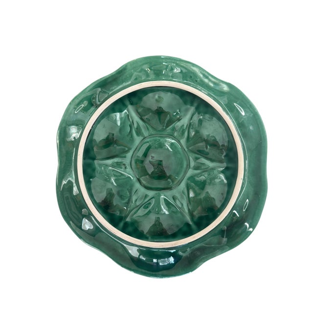 1930s Vintage French Sarreguemines Majolica Oyster Plate – Emerald Green – 10” For Sale - Image 5 of 6