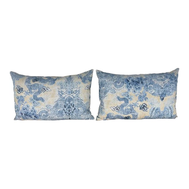 Pair of Dragon Printed Linen Pillows For Sale