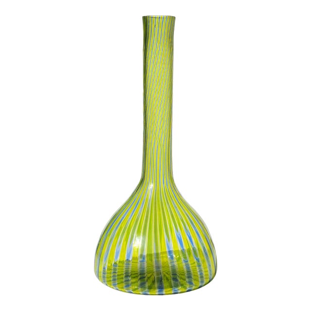 Fratelli Toso Murano Vintage Yellow Blue a Canne Ribbons Pattern Italian Art Glass Bottle Flower Vase For Sale