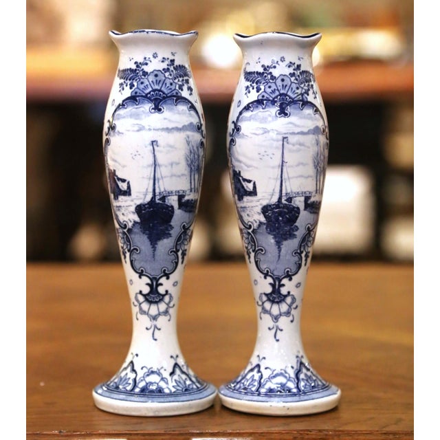 Blue Pair of Early 20th Century Dutch Delft Blue and White Faience Bud Vases For Sale - Image 8 of 11
