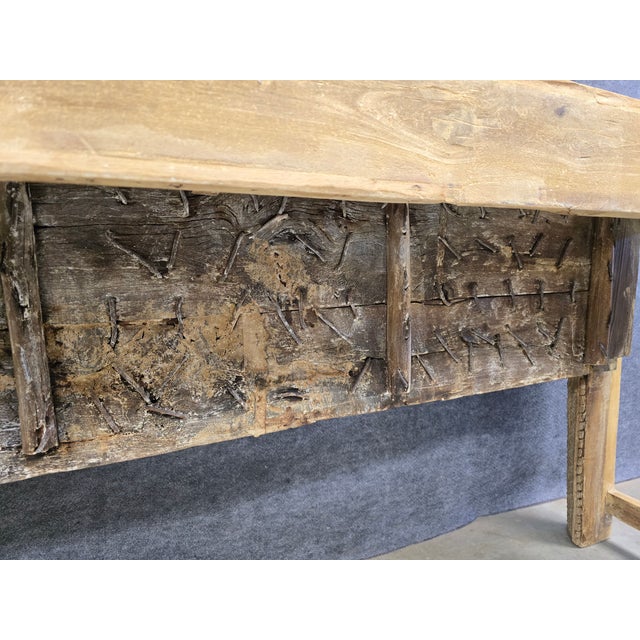 2000 - 2009 Solid Reclaimed Wood Console, Tv Stand, Carvings, One of Kind. For Sale - Image 5 of 14