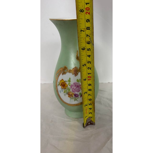 Ceramic Vintage Fürstenberg West Germany Celadon Porcelain Bud Vase With Raised Gilt Floral Cartouche Victorian Revival Hollywood Regency Style For Sale - Image 7 of 9
