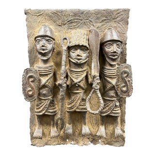 Vintage African Tribal Art Benin Bronze Wall Plaque Sculpture For Sale