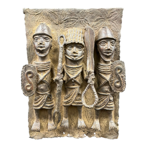 Vintage African Tribal Art Benin Bronze Wall Plaque Sculpture