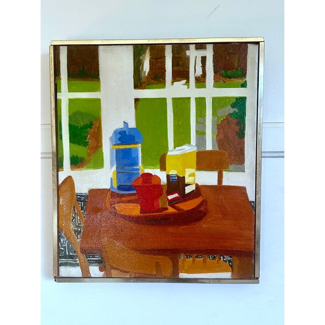 Mid-Century Modern MCM “Interior: Still Life" by Phyllis Skolnick Hirschberg (1925–2011) Modernist Oil Painting For Sale - Image 3 of 12