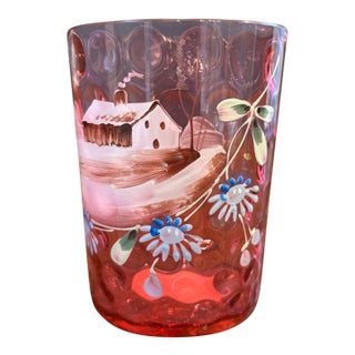 Antique Cranberry Glass Inverted Thumbprint Tumbler Hand Painted Winter Scene Mint- Mary Gregory Style For Sale