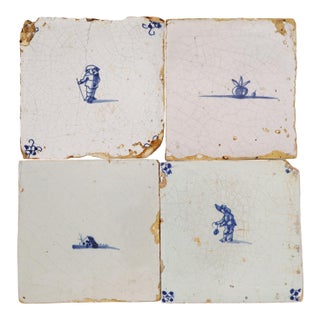 18th Century Set of Four Delft Tiles, Earthenware For Sale