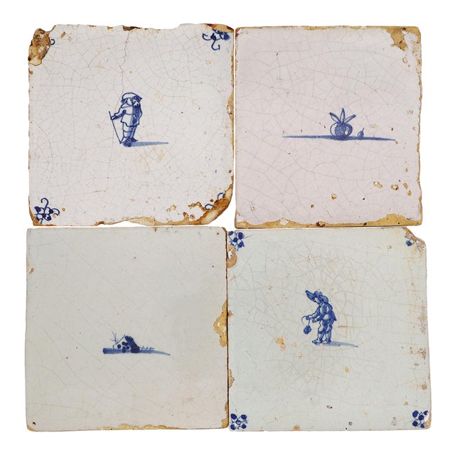 18th Century Set of Four Delft Tiles, Earthenware For Sale