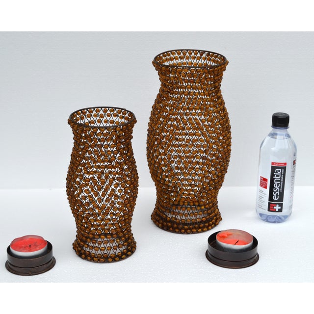Mid-Century Modern Set 2 Vintage Decorative Amber Gemstone Beaded Lattice Hourglass Shaped Candle Holders For Sale - Image 3 of 15
