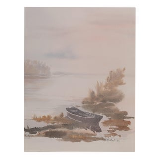 Jacques Noury, The Boat at the Edge of the Lake, Watercolor For Sale