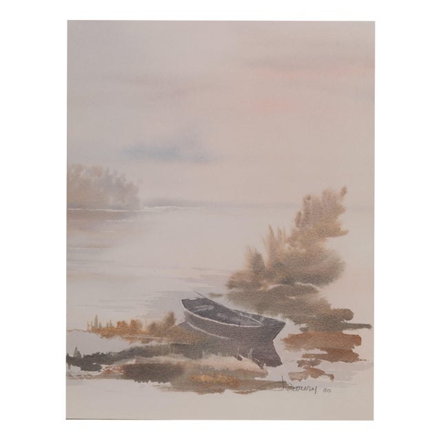 Jacques Noury, The Boat at the Edge of the Lake, Watercolor For Sale