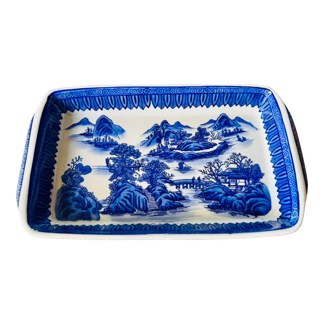 Vintage Blue and White Chinoiserie Rectangular Baking Dish For Sale