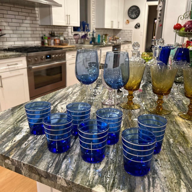 1950s Hazel Atlas Low Ball Cobalt Blue Tumblers With White Rings - Set of 7 For Sale - Image 9 of 9