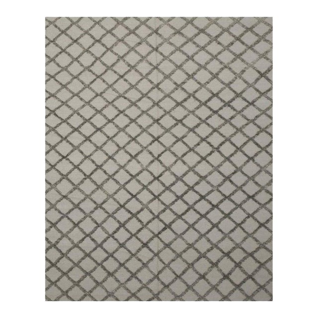 10x14 Gray Hand-Knotted Wool Viscose Diamond Lattice Modernist Design Carpet Rug For Sale