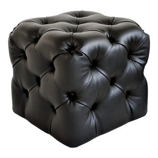 Modern Teuco Furniture Italian Leather Black Tufted Pouf Ottoman For Sale