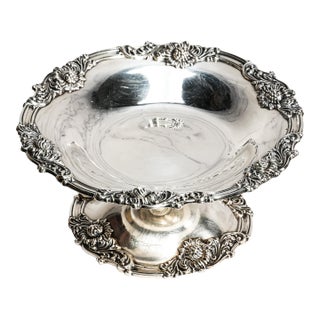 Elegant Sterling Silver Antique Tazza Pedestal Centerpiece Bowl Floral Repoussé Pattern Traditional Home Decor For Sale