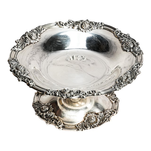 Elegant Sterling Silver Antique Tazza Pedestal Centerpiece Bowl Floral Repoussé Pattern Traditional Home Decor For Sale