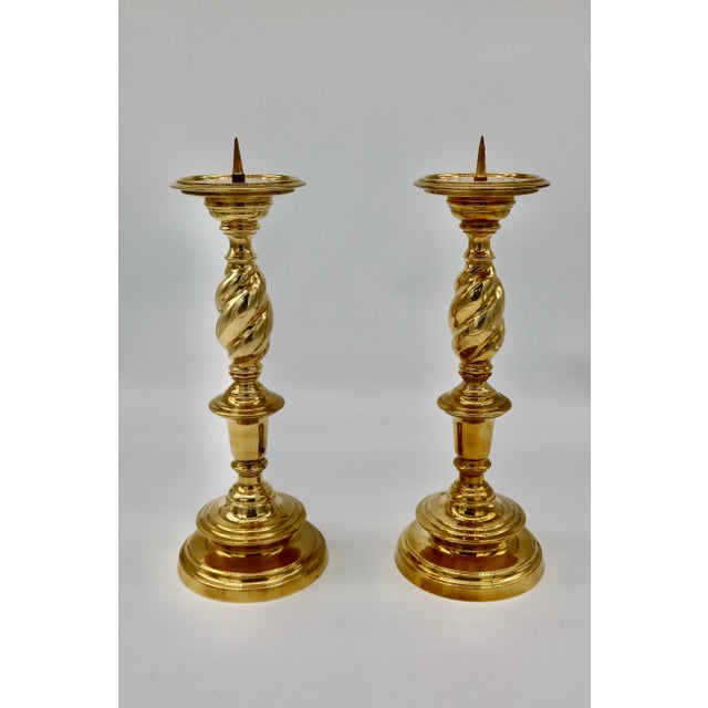 Traditional Pair of Mid 20th Century Brass Pillar Candle Holders For Sale - Image 3 of 5
