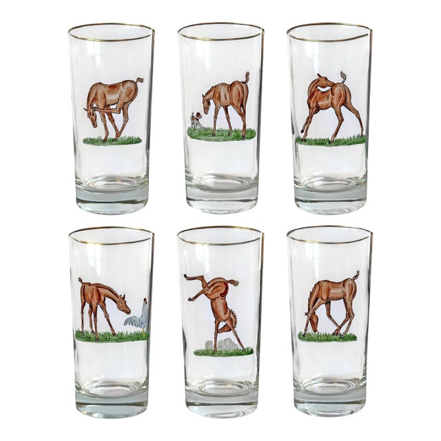 Set of Six Hand-Painted Horse Highball Glasses For Sale