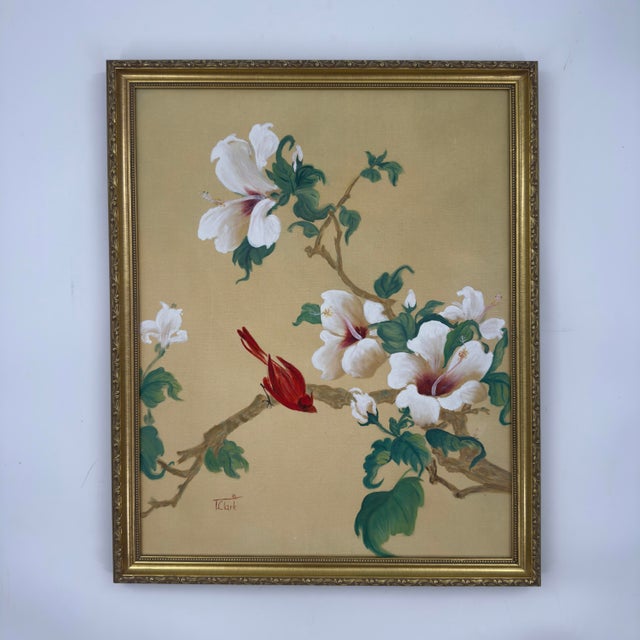 Chinoiserie Vintage Original Hibiscus Bird Paintings Diptych Chinoiserie Gilt Frames For Sale - Image 3 of 12