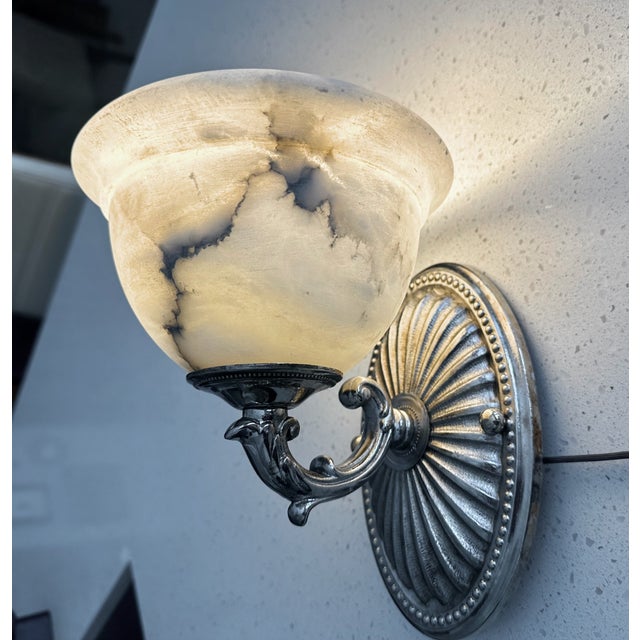 Pair Silver Nickel Alabaster Sunburst Wall Sconces For Sale - Image 10 of 18