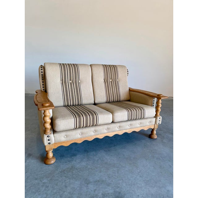 Vintage Danish Brutalist Henning Kjaernulf Style 2 seat sofa or loveseat. Light cream wool upholstery with traditional...