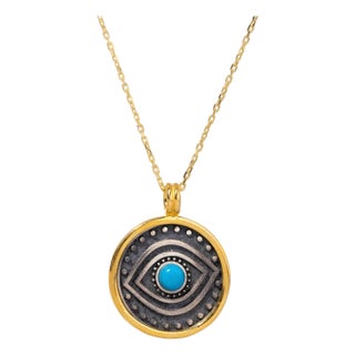 Turquoise & Sterling Silver Positive Energy Pendant Gold Necklace For Sale